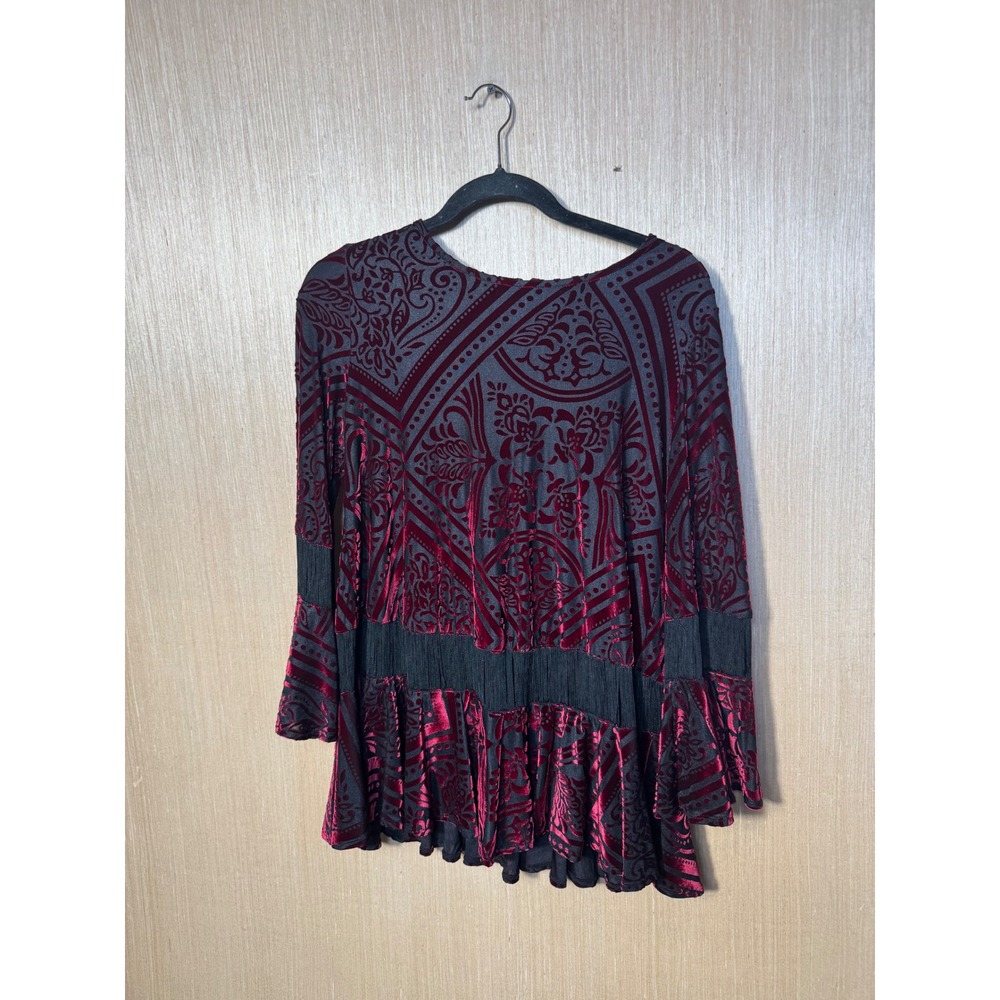 IC by Connie K Burgundy Burnout Velvet Bell Sleeve Peplum Top Blouse 3922T M